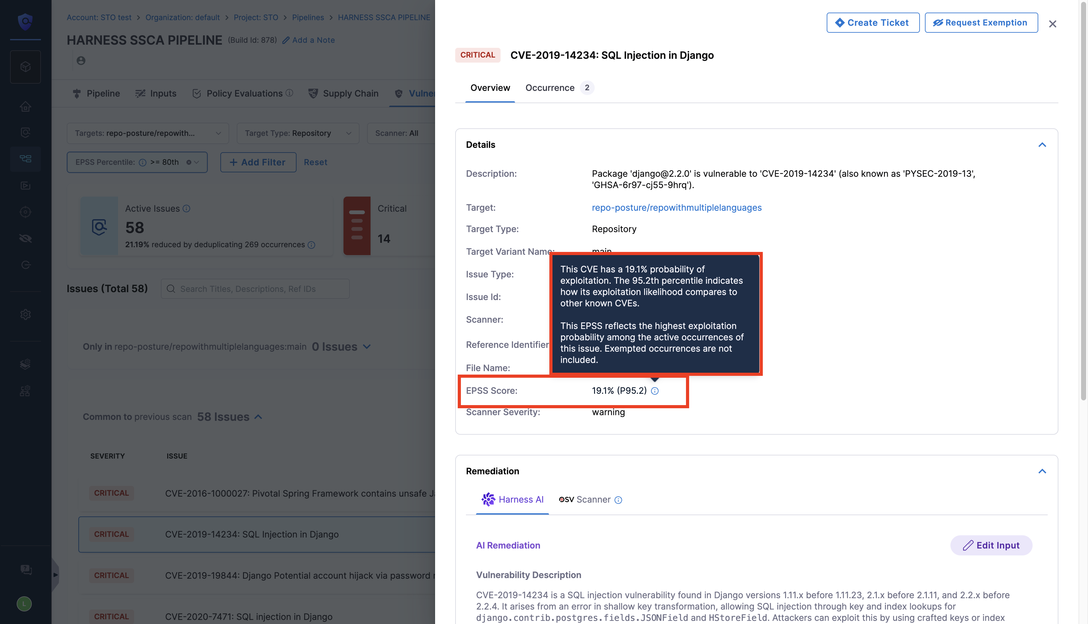 Issue Details panel showing the EPSS score for a security issue