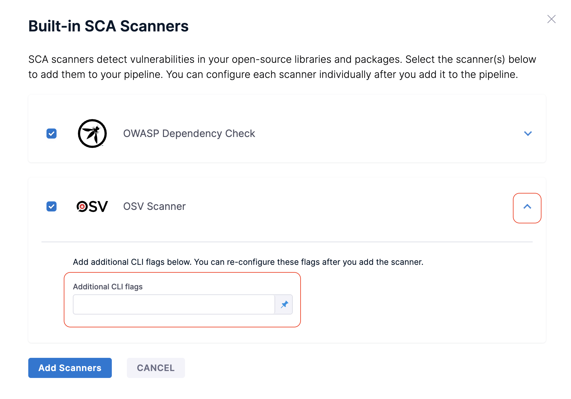 Built-in scanner configuration with Additional CLI Flags